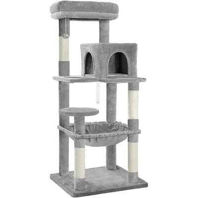 ODM ontwerpt een grijs meervlakkige kattenboom met een woning met hangmat en krabbelstok.