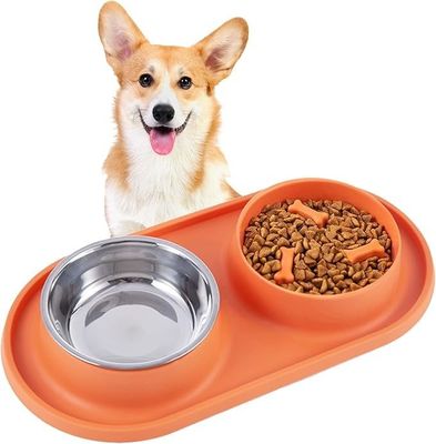 Niet-vergieten siliconen pads dubbele kom voor honden en katten roestvrij staal langzaam voedend