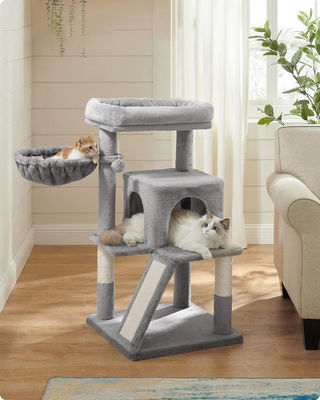 Duurzame lichtgrijze kattenboom met speelgoed kattentoren appartement kattenhuis en gepoede pluisperk