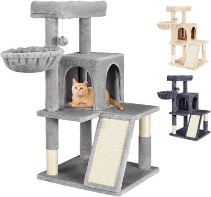 Duurzame lichtgrijze kattenboom met speelgoed kattentoren appartement kattenhuis en gepoede pluisperk