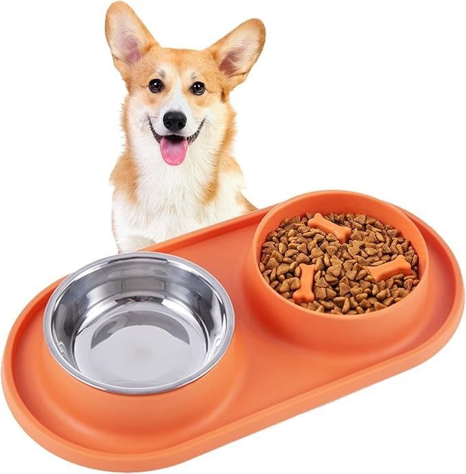 Niet-vergieten siliconen pads dubbele kom voor honden en katten roestvrij staal langzaam voedend