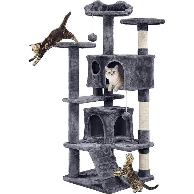 OEM/ODM Custom Luxury Dark Grey Plush Wood Multi-storey Cat Villa met klimboom
